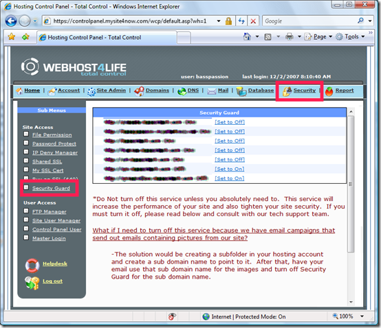 This is a screen shot of the Webhost4Life Control Panel, where you can turn off the Security Guard.