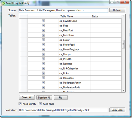 This is and image that shows a screen shot of the Simple SQL Bulk Copy utiliy.