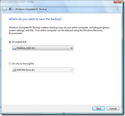 This is a screen shot of the Complete Backup window, selecting destination.