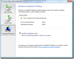 This is a screen shot of the Windows Complete Backup startup window.