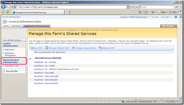 Image showing the Manage this Farm's Shared Services