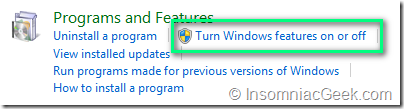 Control Panel, Programs and Features, Turn Windows features on or off