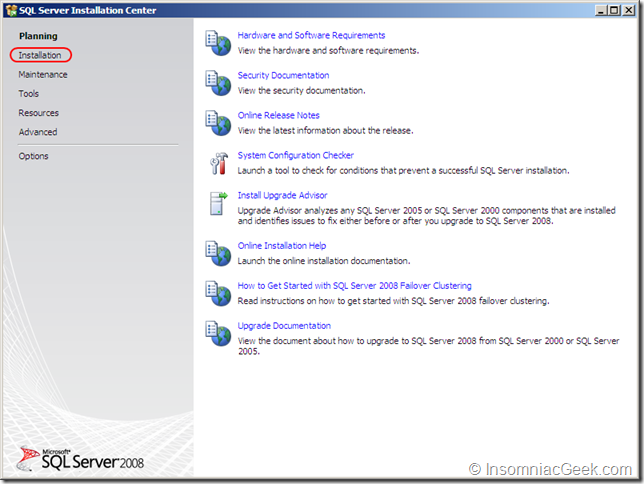 Screenshot of the SQL Server Installation Center