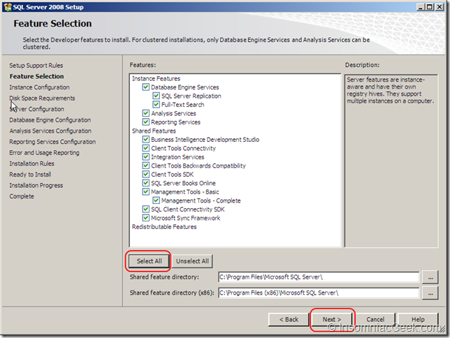 Screenshot of the Feature Selection dialog