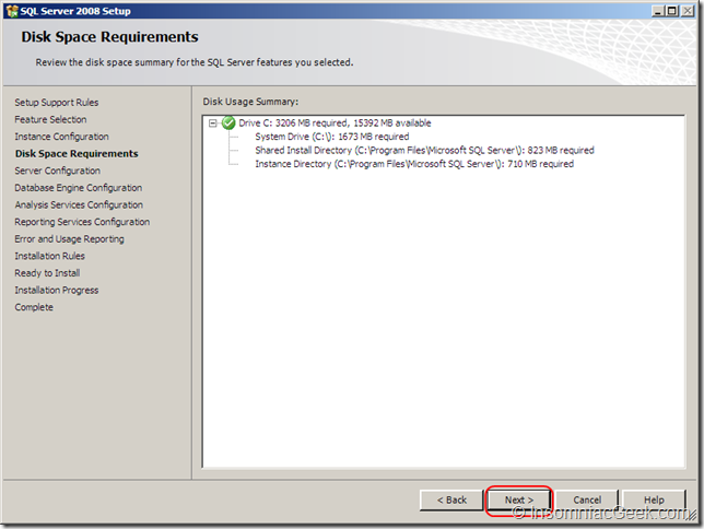 Screenshot of the Disk Space Requirements dialog
