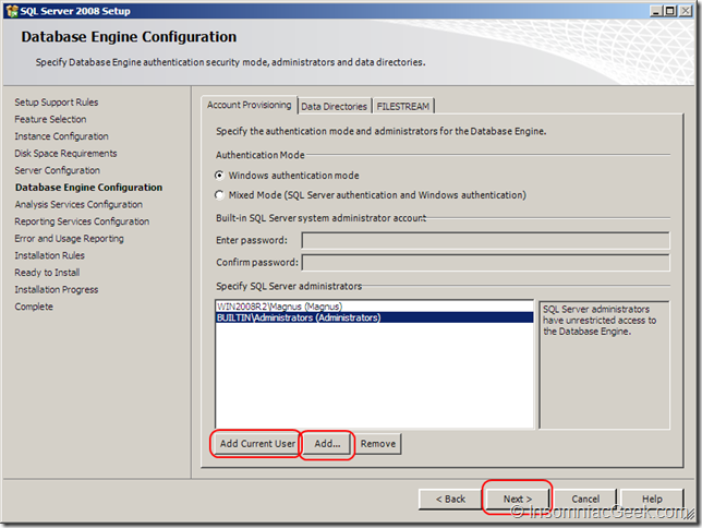 Screenshot of the Database Enginge Configuration dialog