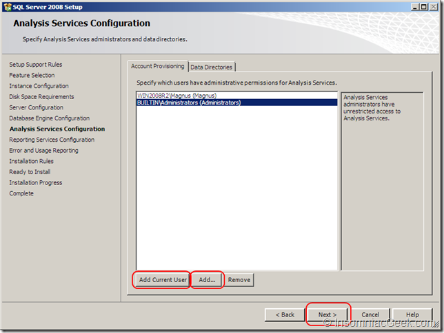 Screenshot of the Analysis Services Configuration dialog