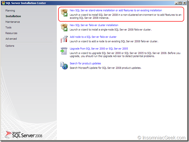 Screenshot of selecting the New SQL Server installation