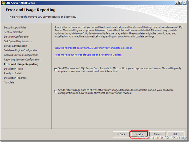 Screenshot of the Error and Usage Reporting dialog