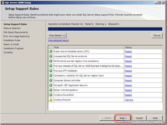 Screenshot of the Setup Support Rules dialog