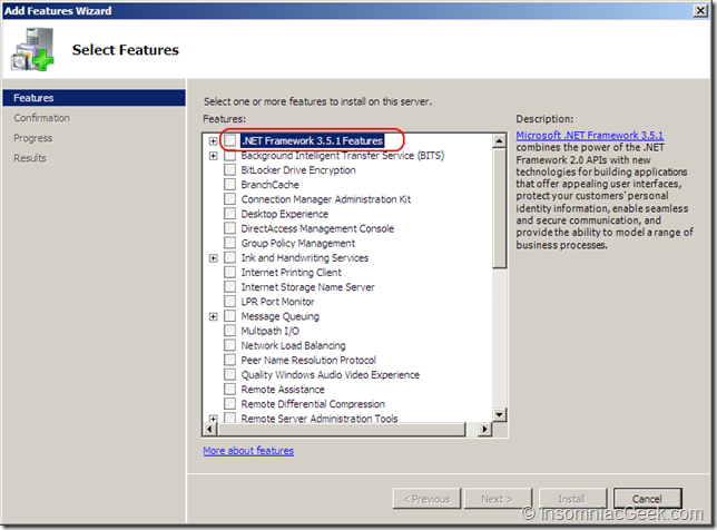 Select .NET Framework 3.5.1 Features in the Add Features dialog