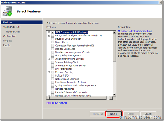 .NET Framework 3.5.1 Features selected.
