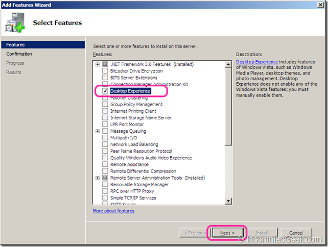 Image showing the Desktop Experience checkbox