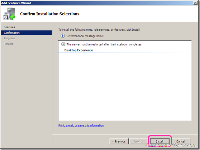 Image showing the Install procedure of the Desktop Experience